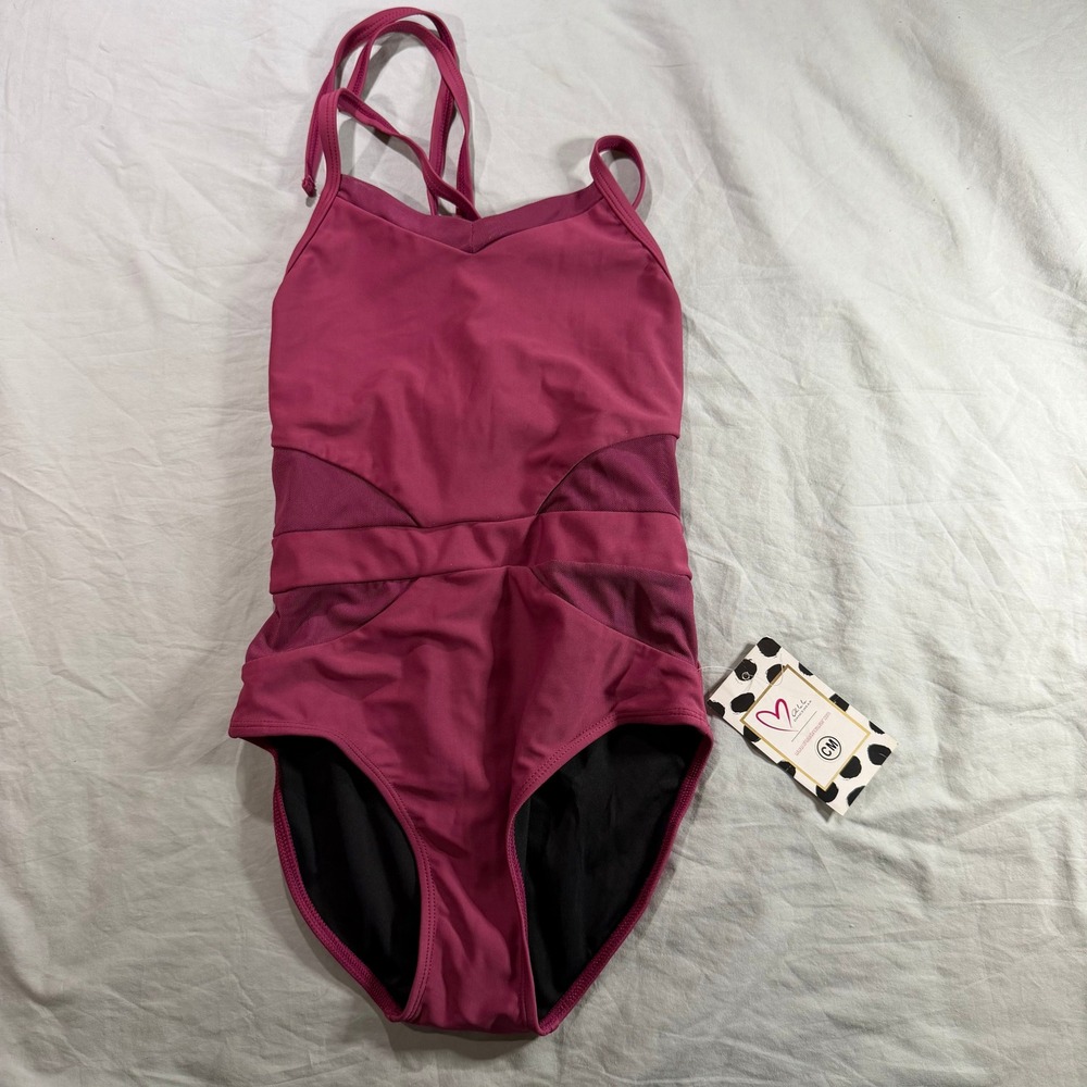 Oh‎ La La Dancewear Kids Berry Pink Mesh Strappy Tie Back Leotard CM NWT